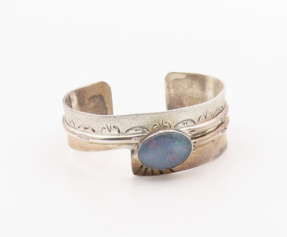 925 Sterling Silver Vintage Bracelet NAVAJO Fire Opal Arrow & Sunburst BT12098