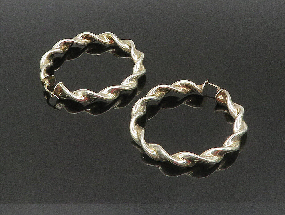 925 Sterling Silver  Vintage Shiny Round Twist Hoop Earrings  EG11484