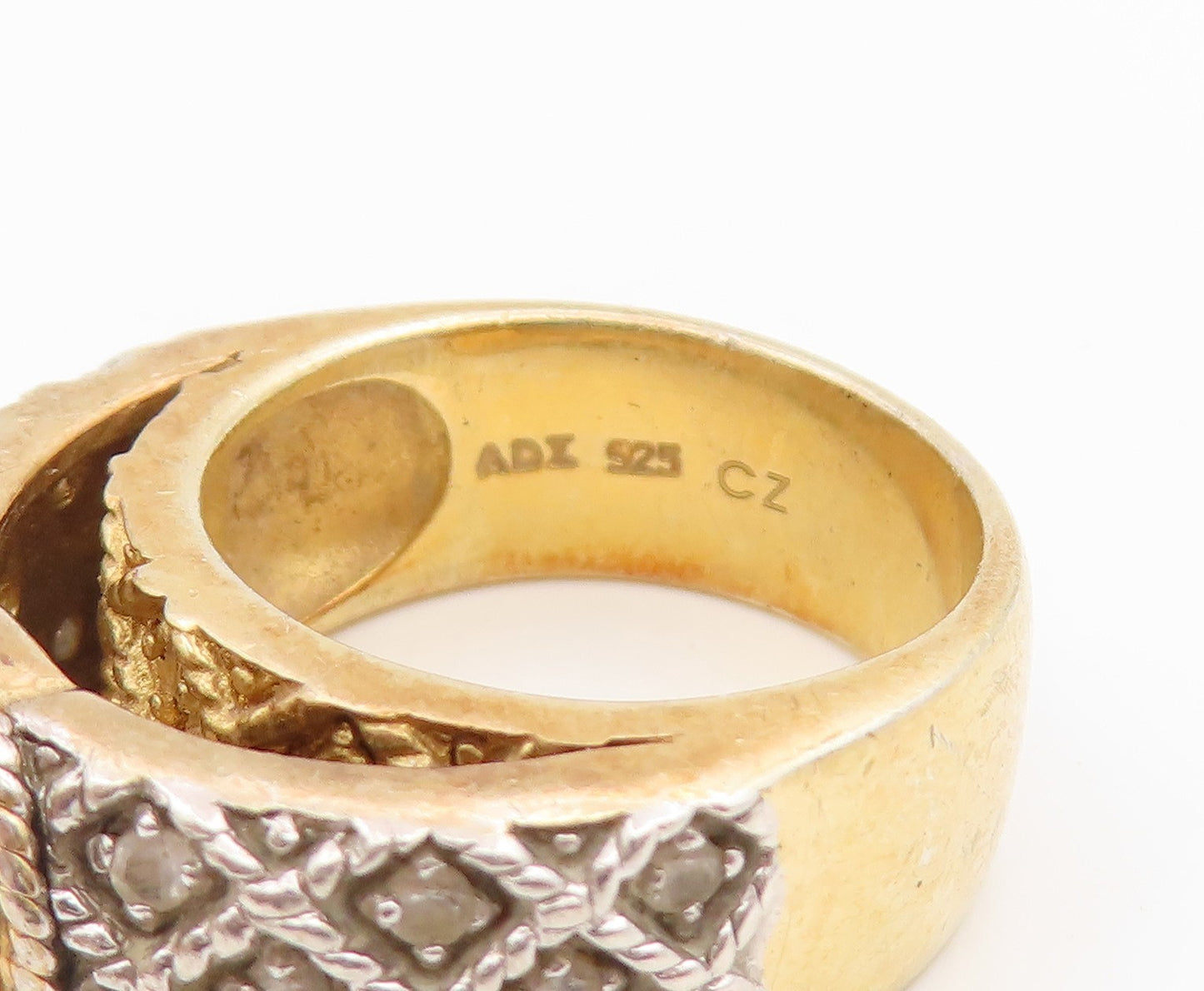 925 Sterling Silver Vintage Ring Gold Plated Round CZ Woven Band  Sz 7  RG35912
