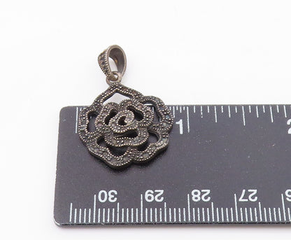 925 Sterling Silver  Vintage Oxidized Open Flower Motif Drop Pendant  PT8598