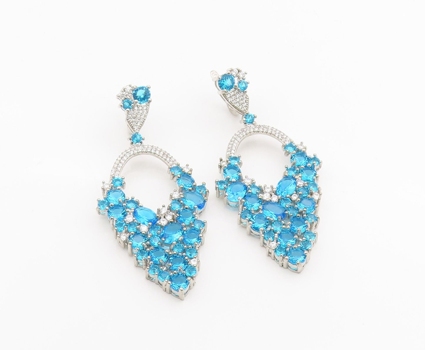 925 Sterling Silver Vintage Earrings Blue Topaz & CZ Cluster Clip On  EG13855