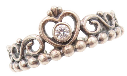 925 Sterling Silver Vintage Ring PANDORA CZ Heart Cutout Tieara  SZ 8.5  RG31968