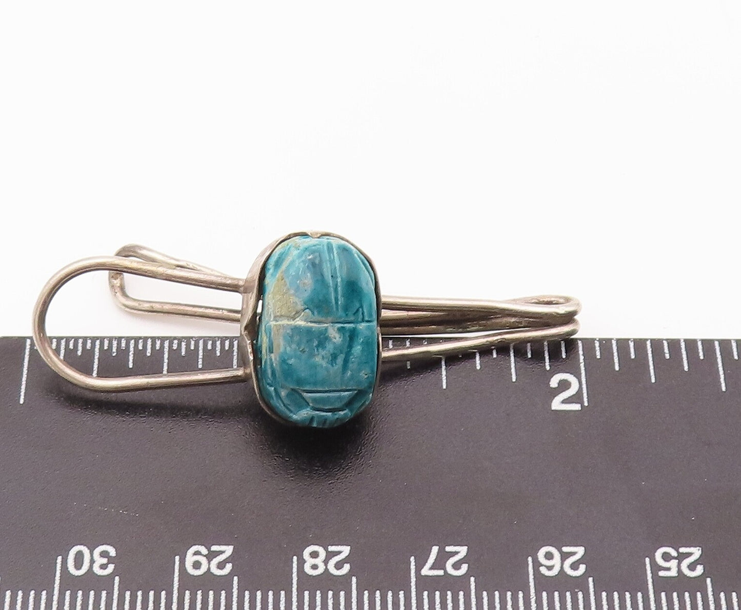 925 Sterling Silver Vintage Tie Clip MIDDLE EAST Turquoise Scarab Carve TR3741