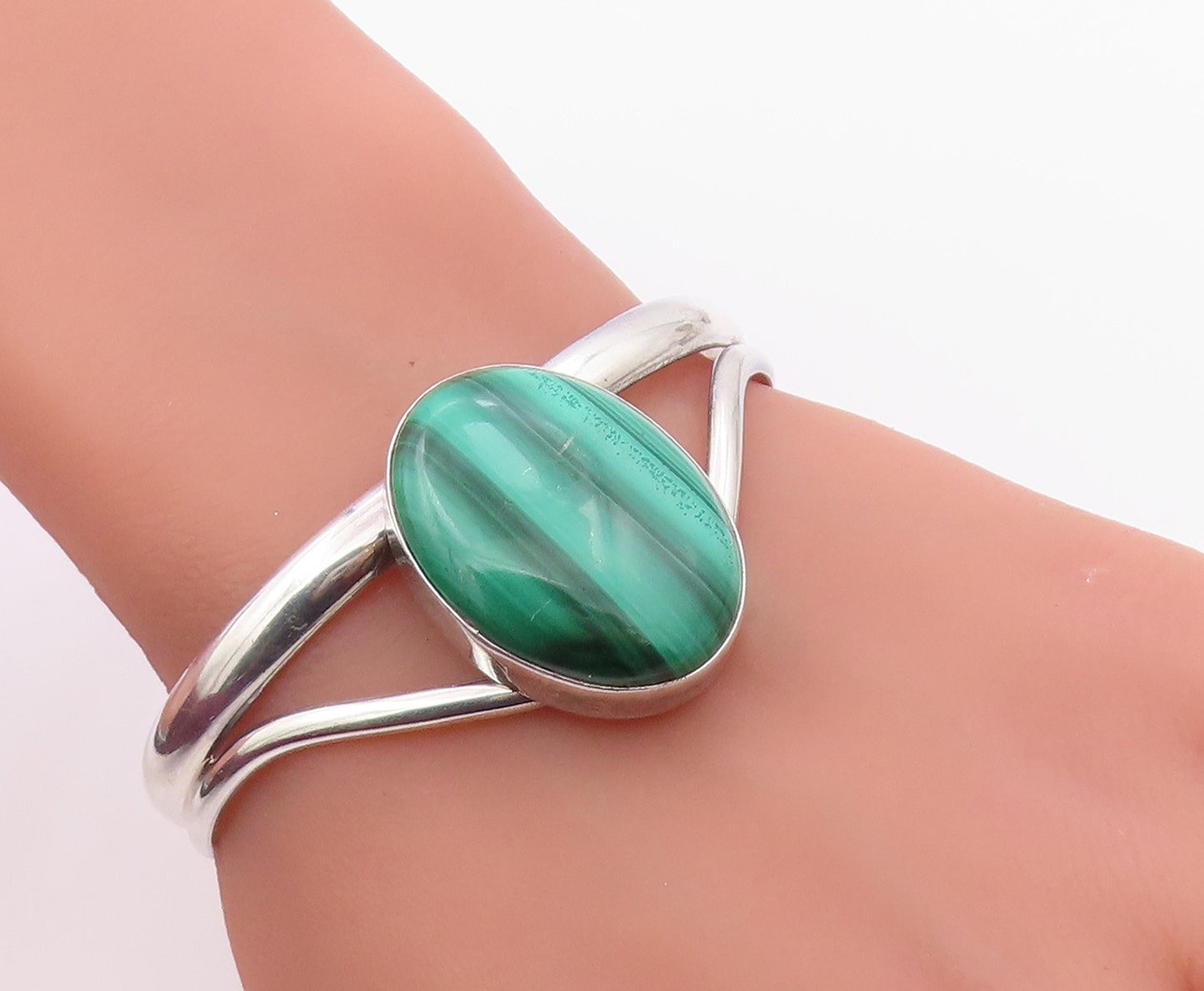 925 Sterling Silver Vintage Bracelet Cabochon Malachite Modernist Cuff  BT12102