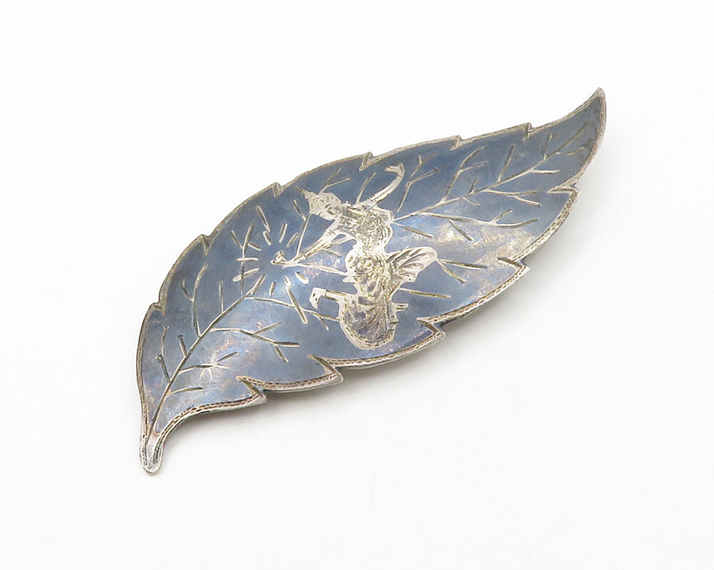 SIAM 925 Sterling Silver  Vintage Enamel Niello Dancer Leaf Brooch Pin  BP5270