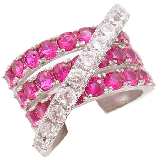 925 Sterling Silver Vintage Ring Designer Pink & White CZ Bands  Sz 6  RG29760