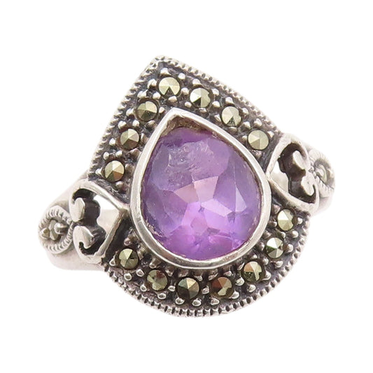 925 Sterling Silver Vintage Ring Drop Cut Amethyst Halo Marcasite  SZ 7  RG32027