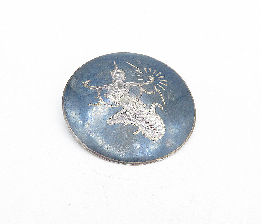 SIAM 925 Sterling Silver  Vintage Enamel Niello Dancer Round Brooch Pin BP1577