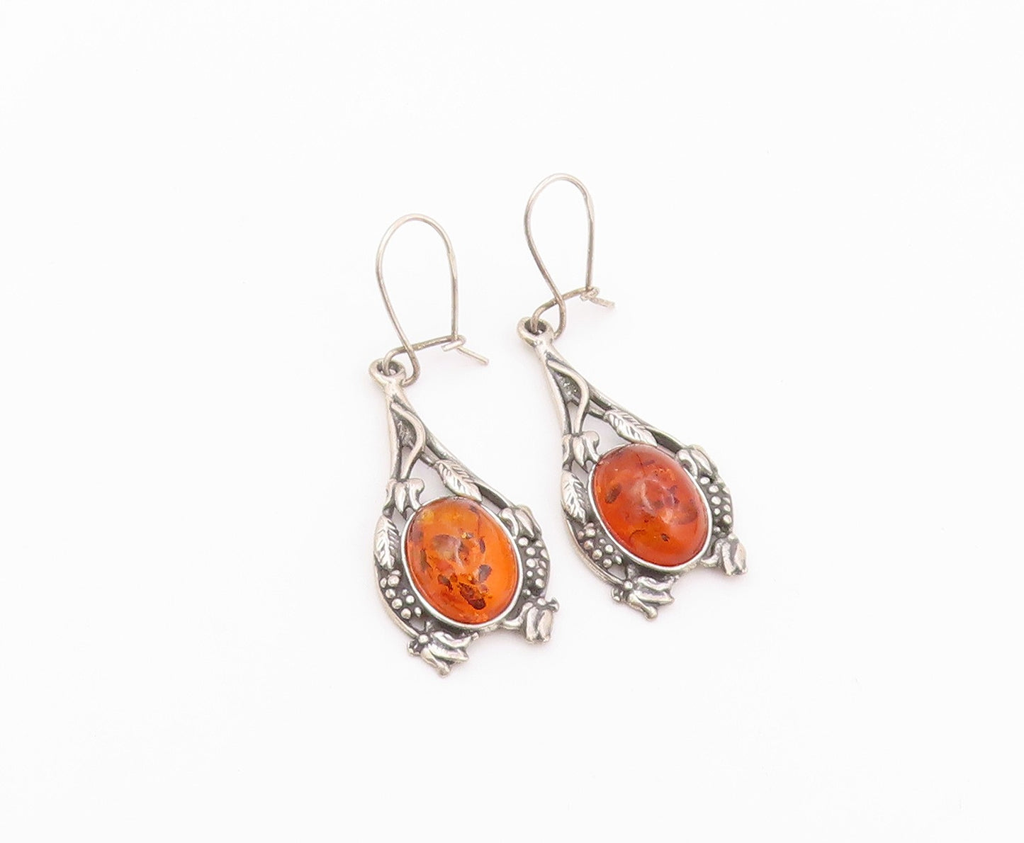 925 Sterling Silver Vintage Earrings Cabochon Amber Floral Motif Dangle  EG14512