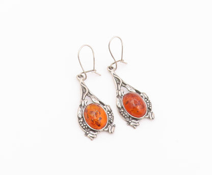 925 Sterling Silver Vintage Earrings Cabochon Amber Floral Motif Dangle  EG14512