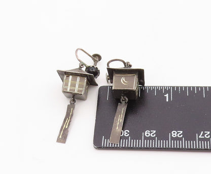 925 Sterling Silver Vintage Earrings JAPAN Onyx Temple Lantern Charm  EG14116