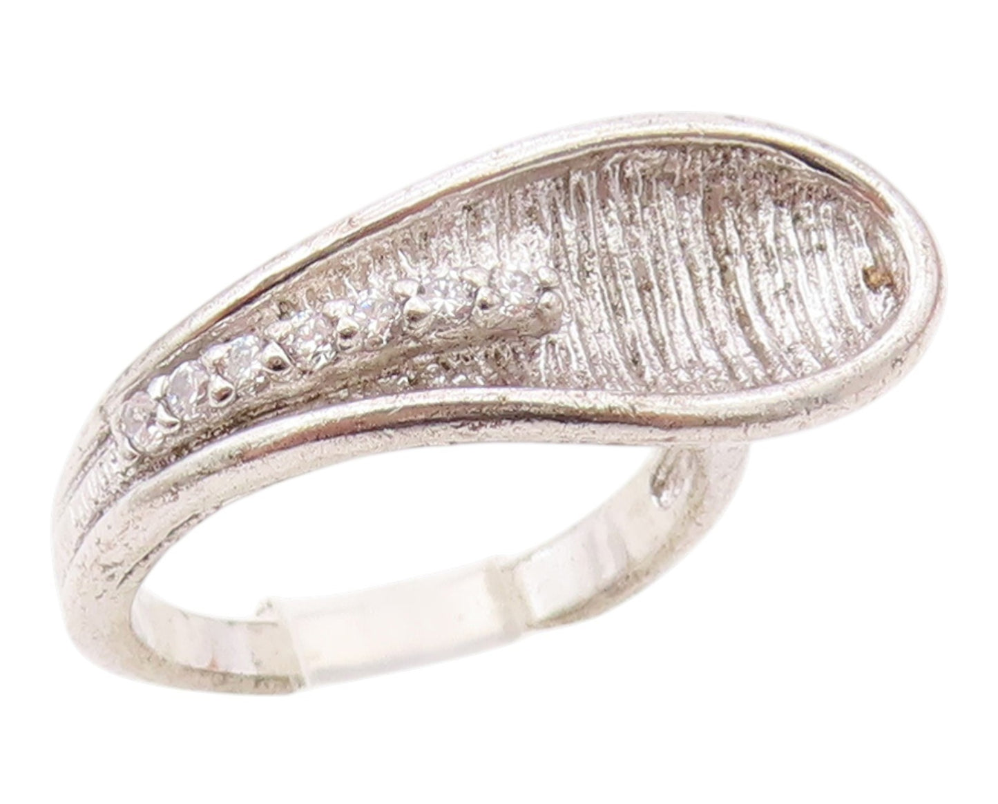 925 Sterling Silver Vintage Ring Modernist CZ Textured Leaf Band  Sz 6  RG36371