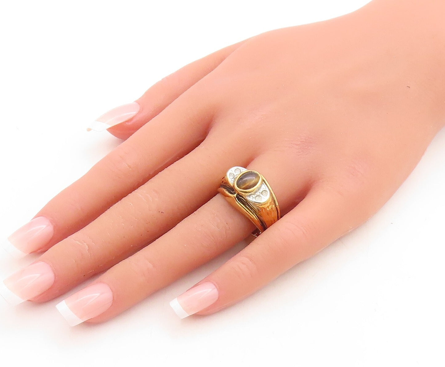 925 Sterling Silver Vintage Ring UNCAS Gold Plated Tigers Eye & CZ Sz 10 RG31164