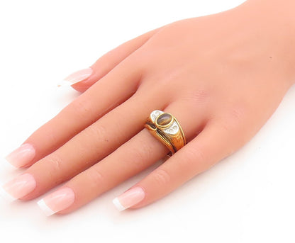 925 Sterling Silver Vintage Ring UNCAS Gold Plated Tigers Eye & CZ Sz 10 RG31164