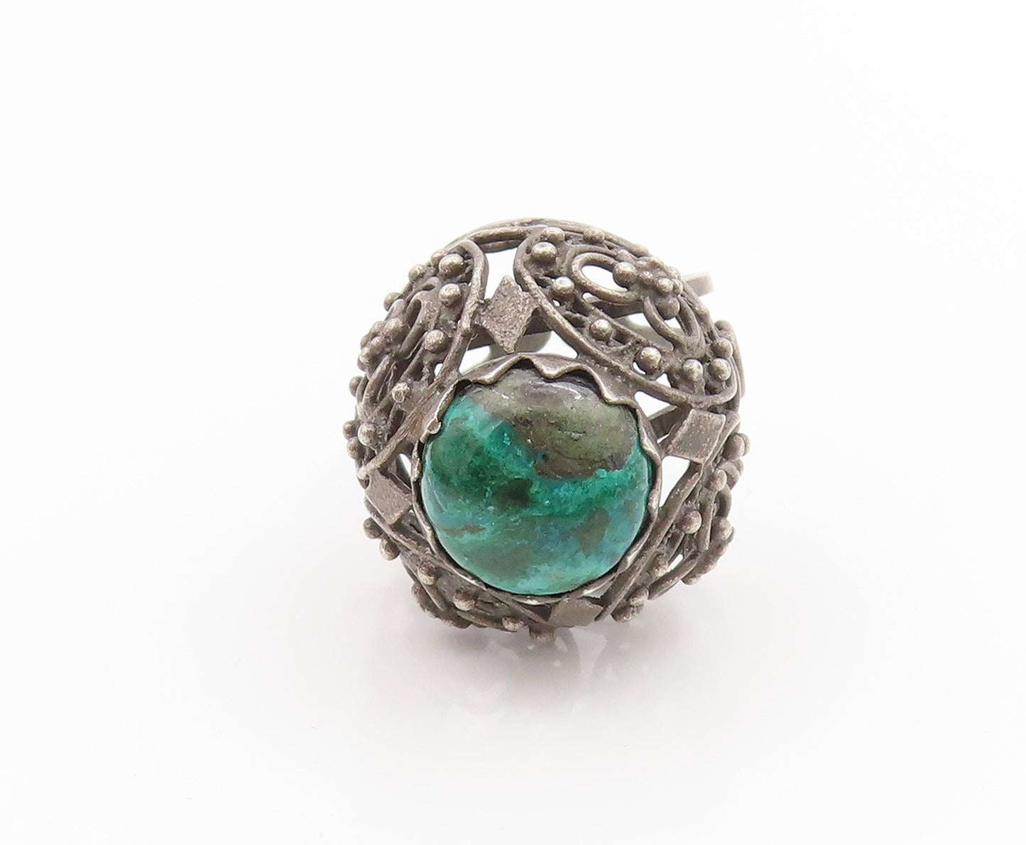 925 Sterling Silver Vintage Ring ISRAEL Turquoise Openwork Dome  Sz 8  RG34749