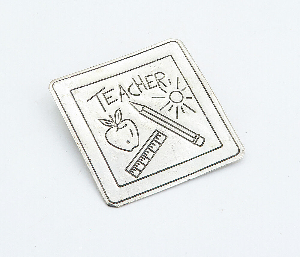 MEXICO 925 Sterling Silver  Vintage Teacher Etched Square Brooch Pin  BP2889