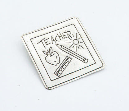 MEXICO 925 Sterling Silver  Vintage Teacher Etched Square Brooch Pin  BP2889