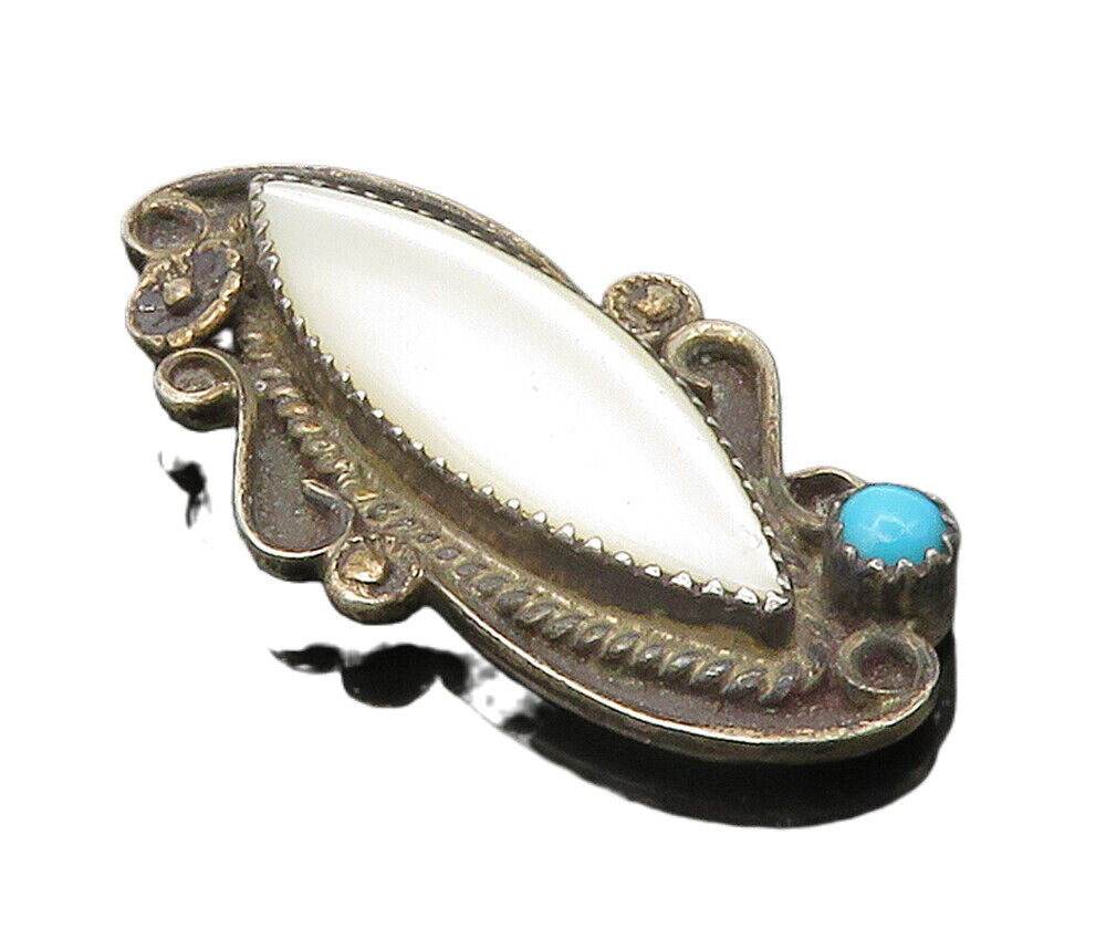 NAVAJO 925 Silver  Vintage Mother Of Pearl & Turquoise Swirl Pendant  PT13196