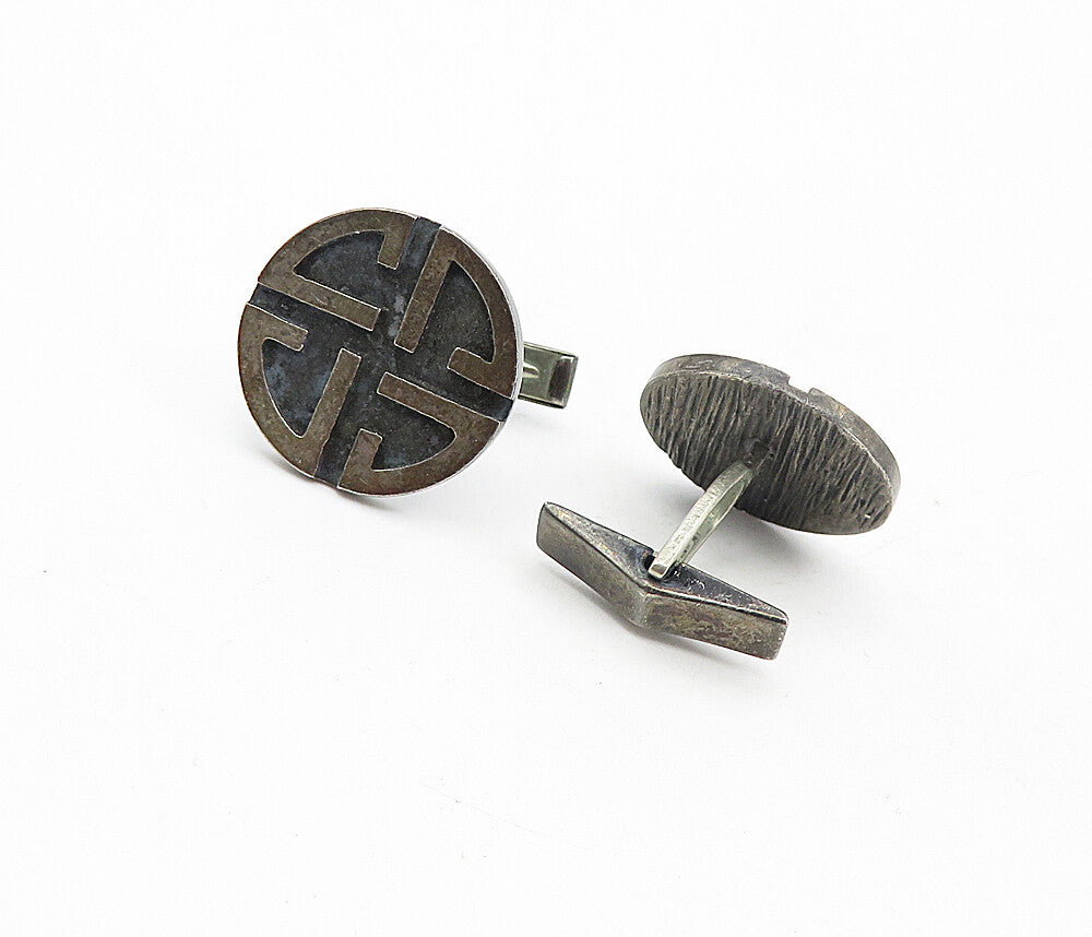 925 Sterling Silver  Vintage Antique Oxidized Pattern Round Cuff Links  TR1305