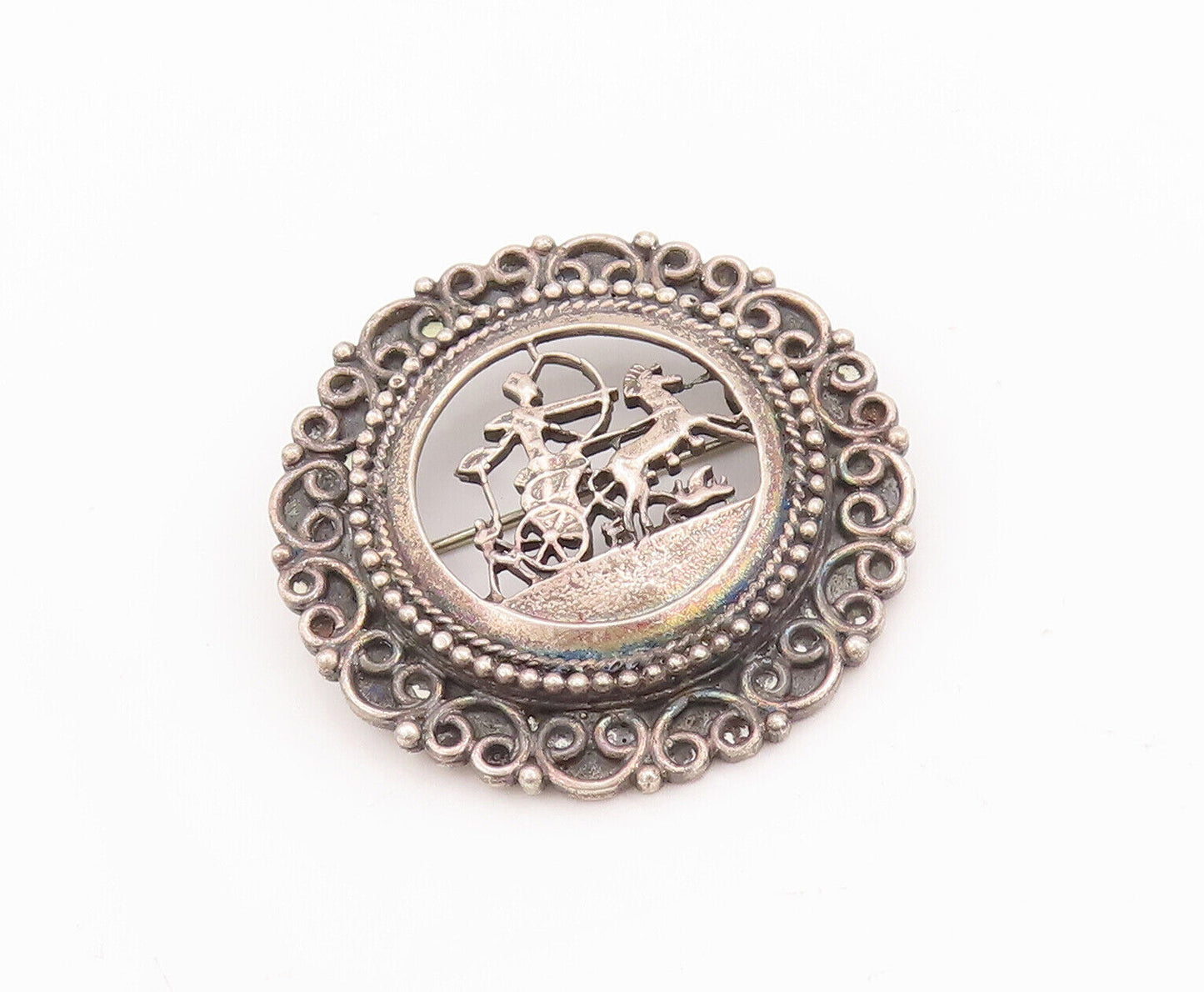 925 Sterling Silver Vintage Brooch Pin Antique Carved War Landscape  BP10887