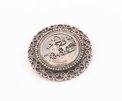 925 Sterling Silver Vintage Brooch Pin Antique Carved War Landscape  BP10887