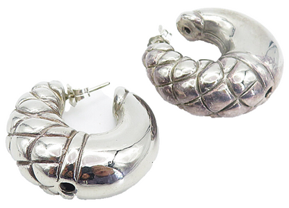 925 Sterling Silver  Vintage Dark Tone Hollow Etched JHoop Earrings  EG3260