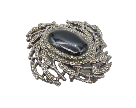 925 Sterling Silver  Vintage Black Onyx & Marcasite Oxidized Brooch Pin BP3962