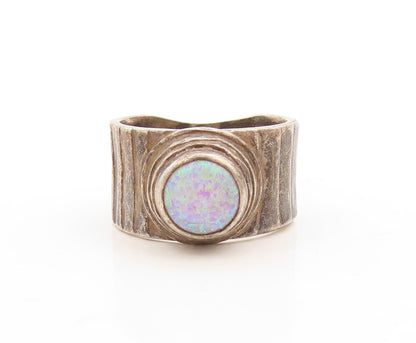 925 Sterling Silver Vintage Ring Dark Tone Brutalist Gemstone  Sz 8  RG31279