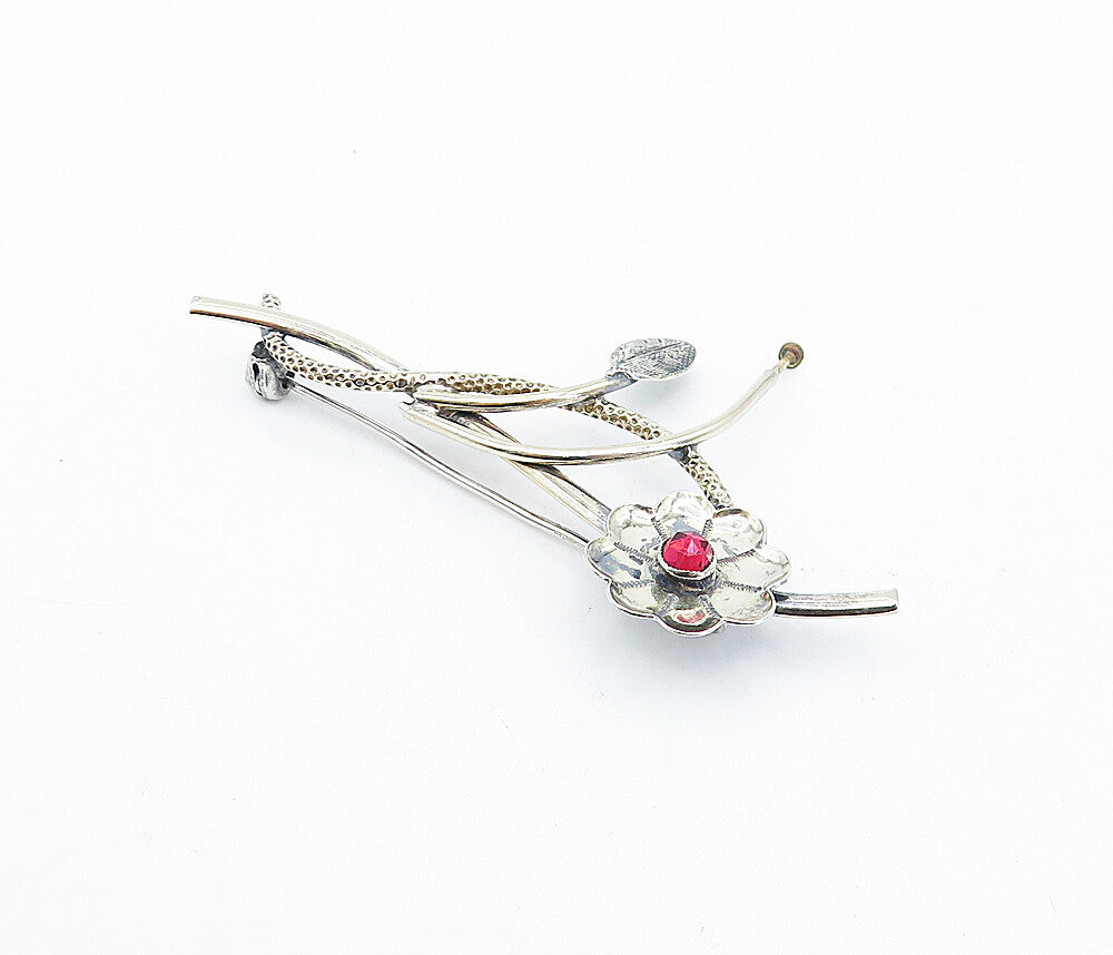 925 Sterling Silver  Vintage Red Topaz Shiny Floral Vine Brooch Pin  BP1154