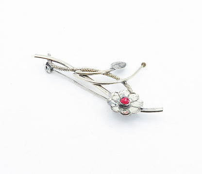 925 Sterling Silver  Vintage Red Topaz Shiny Floral Vine Brooch Pin  BP1154