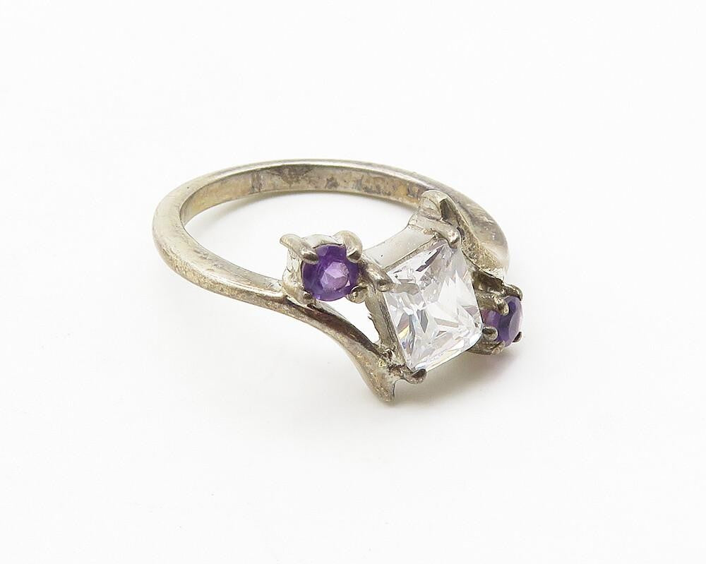 925 Sterling Silver  Vintage Cubic Zirconia & Amethyst Band Ring Sz 8  RG10530