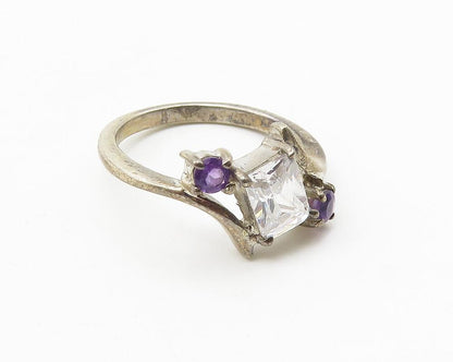 925 Sterling Silver  Vintage Cubic Zirconia & Amethyst Band Ring Sz 8  RG10530
