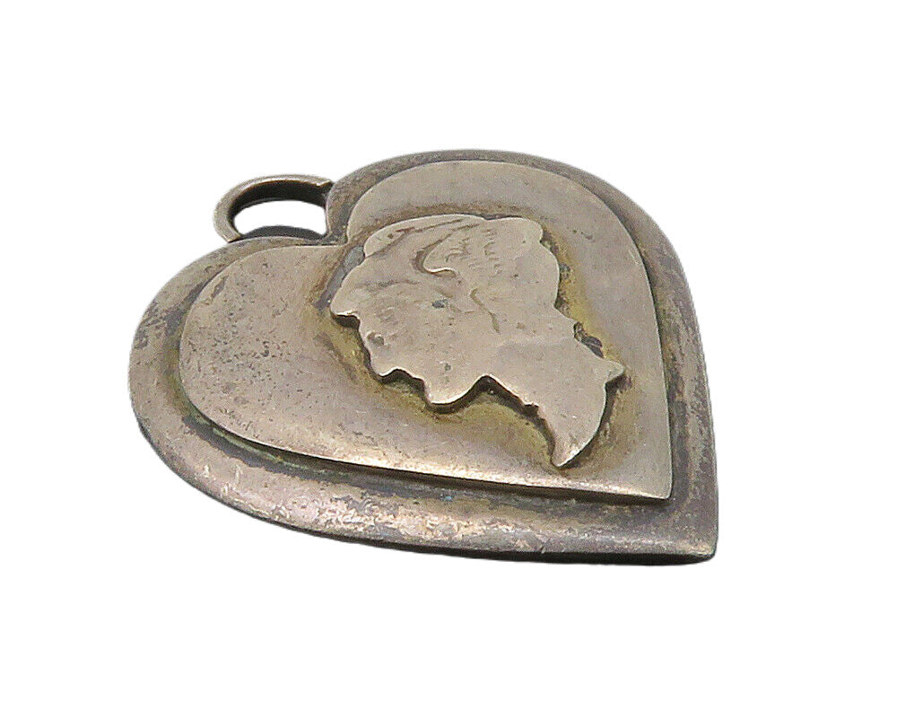 925 Sterling Silver  Vintage Face Profile Love Heart Dark Tone Pendant PT11916
