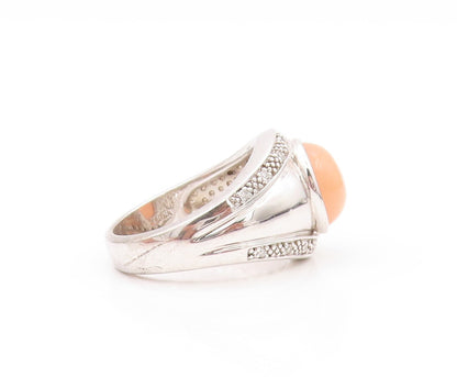 925 Sterling Silver Vintage Ring Diamonds & Orange Cabochon Jade  SZ 8  RG32143