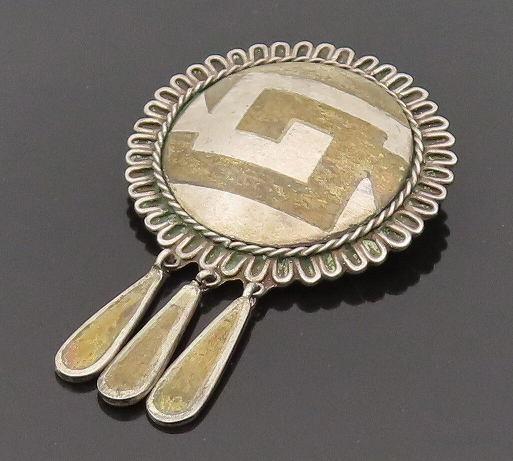 FEDERICO JIMENEZ 925 Silver  Vintage Two Tone Maze Dangle Brooch Pin  BP10278