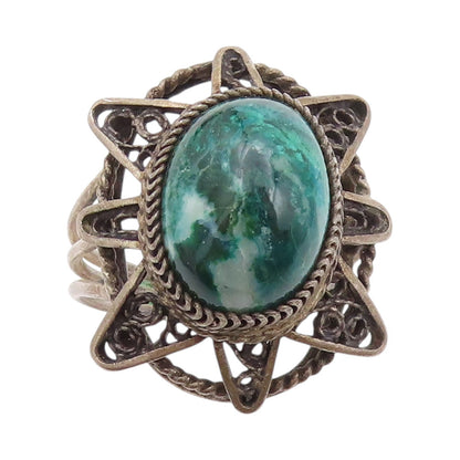 925 Sterling Silver Vintage Ring Dark Tone Gemstone Sun Cutout  SZ 8  RG32181