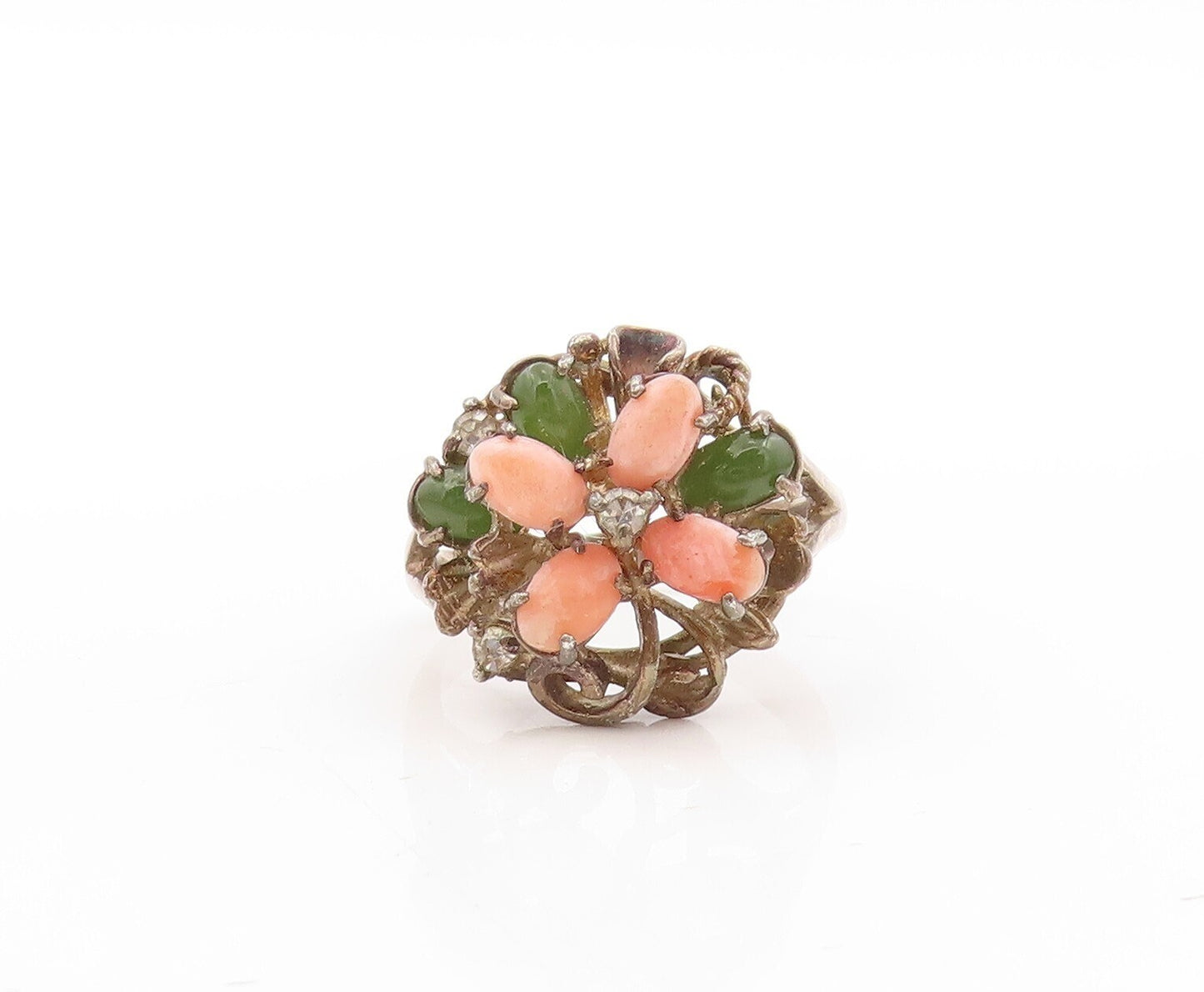 925 Sterling Silver Vintage Ring Dark Tone Floral Gemstones Inlay  Sz 7 RG31125