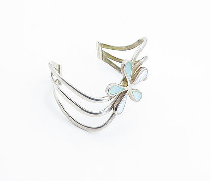 925 Sterling Silver  Vintage Mother Of Pearl Flower Split Cuff Bracelet BT2258