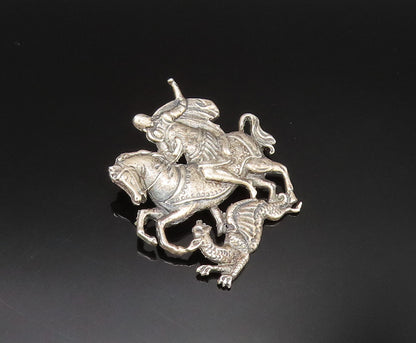 CINI 925 Silver  Vintage Antique Saint George & The Dragon Brooch Pin  BP9660