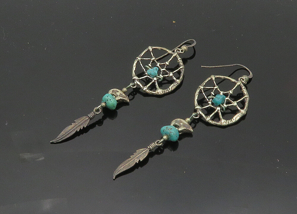 NAVAJO 925 Silver  Vintage Turquoise Dream Catcher Dangle Earrings  EG10366