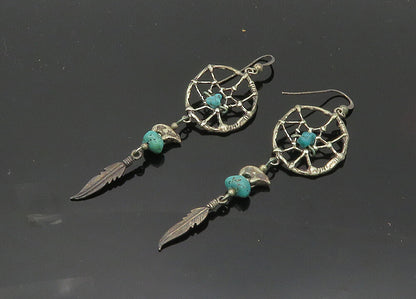NAVAJO 925 Silver  Vintage Turquoise Dream Catcher Dangle Earrings  EG10366