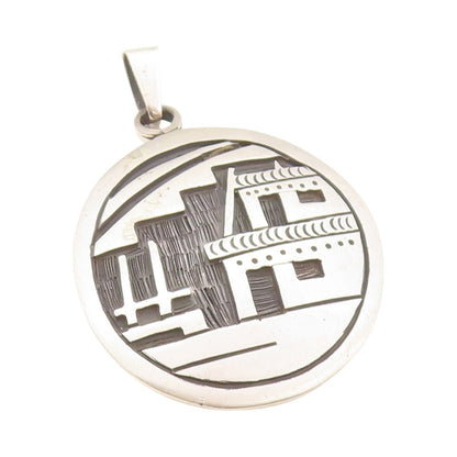 925 Sterling Silver Vintage Pendant Antique City Landscape Etched Coin  PT24229