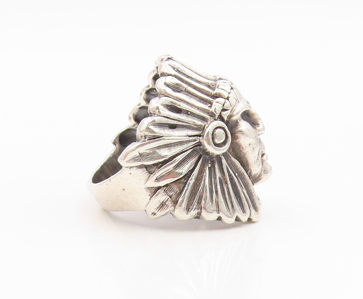 925 Sterling Silver Vintage Ring Carved Tribal Chief Headdress  Sz 8  RG34949