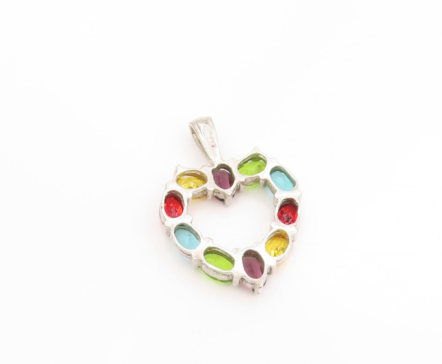 925 Sterling Silver Vintage Pendant Multi Gemstone Open Love Heart Charm PT25070