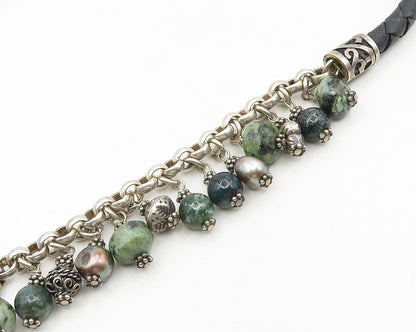 925 Silver  Vintage Pearls Turquoise & Agate Love Heart Chain Necklace  NE3040