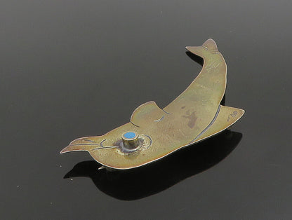 925 Silver  Vintage Carved Dolphin With Turquoise Eye Brooch Pin  BP9545