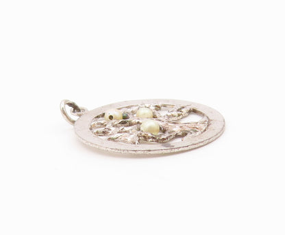 925 Sterling Silver  Vintage Petite Pearls Tree Motif Round Pendant  PT19131