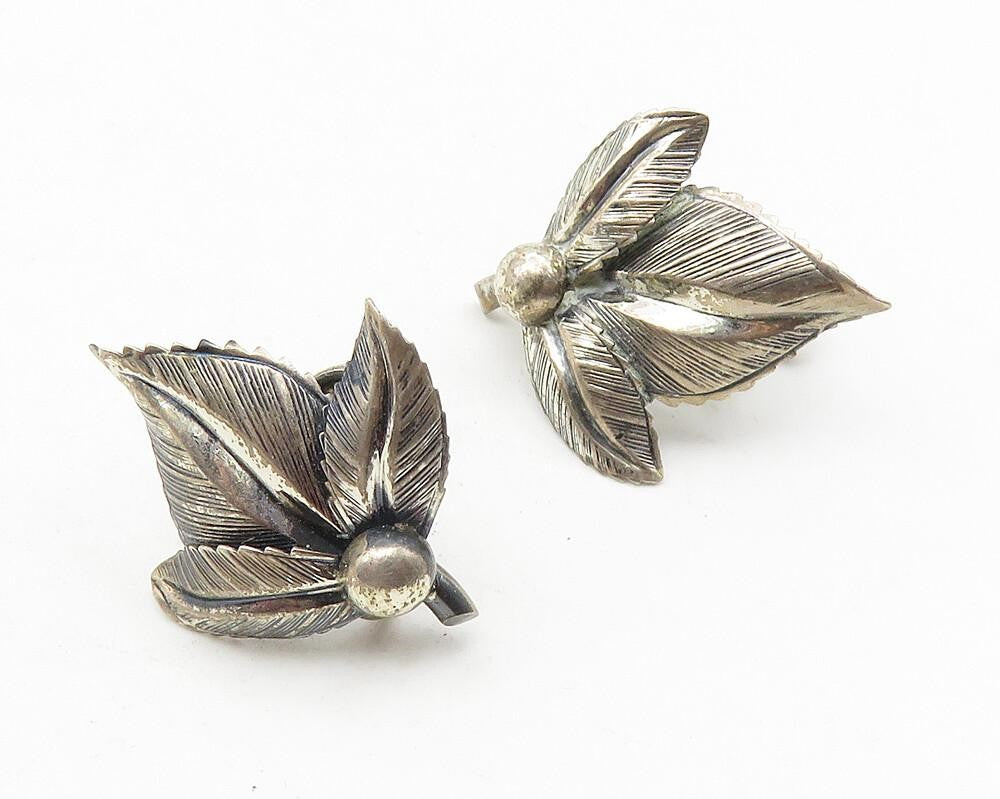 DANECRAFT 925 Silver   Vintage Shiny Floral Leaves Non Pierce Earrings  EG5759