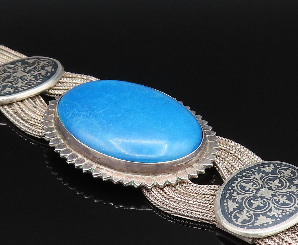 925 Silver  Vintage Oval Blue Howlite & Fleur De Lis Multi Row Bracelet BT9562