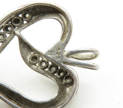 925 Sterling Silver  Vintage Genuine Diamonds Open Love Heart Pendant  PT12948